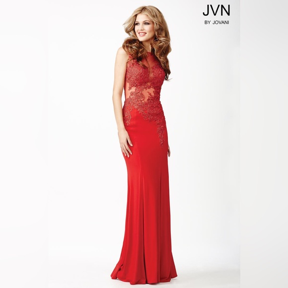 đź’‹ Stunning Jovani Formal Red Lace Full Length Prom or Formal Event Dress - Picture 3 of 9